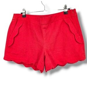 Cynthia Rowley Scalloped Shorts Pockets Linen Blend Red Size 4‎
